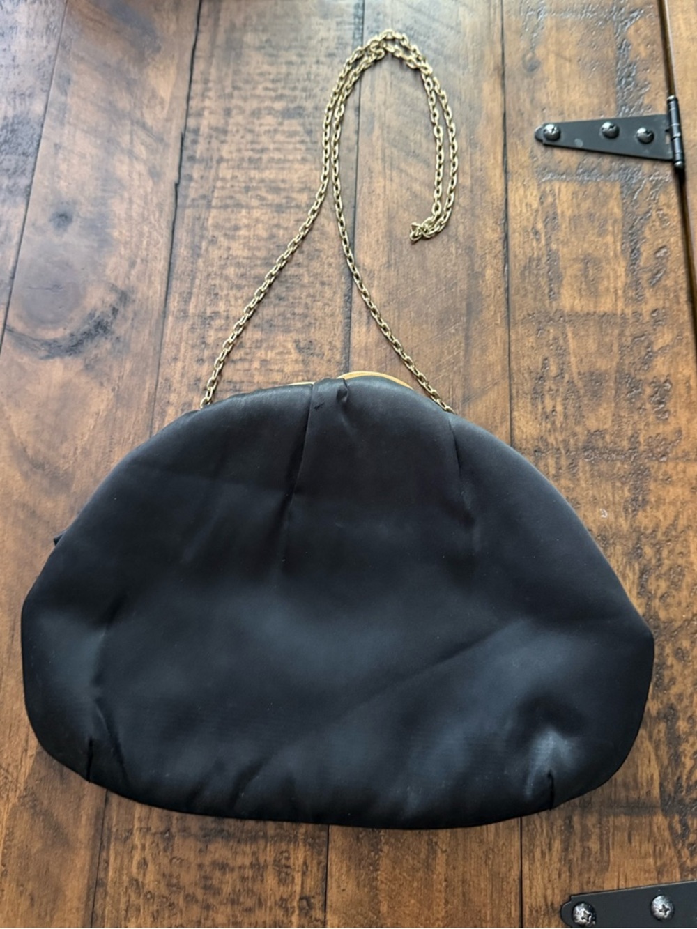 Vintage Black Satin Gold Tone Accent Chain Strap Evening Clutch Snap Closure